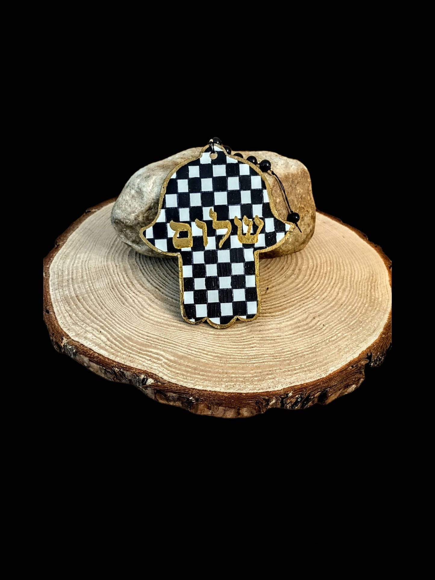 Checkerboard Pattern Wooden Hamsa