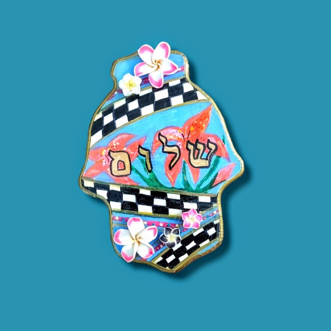 Checkered and Flowers Shalom Hamsa