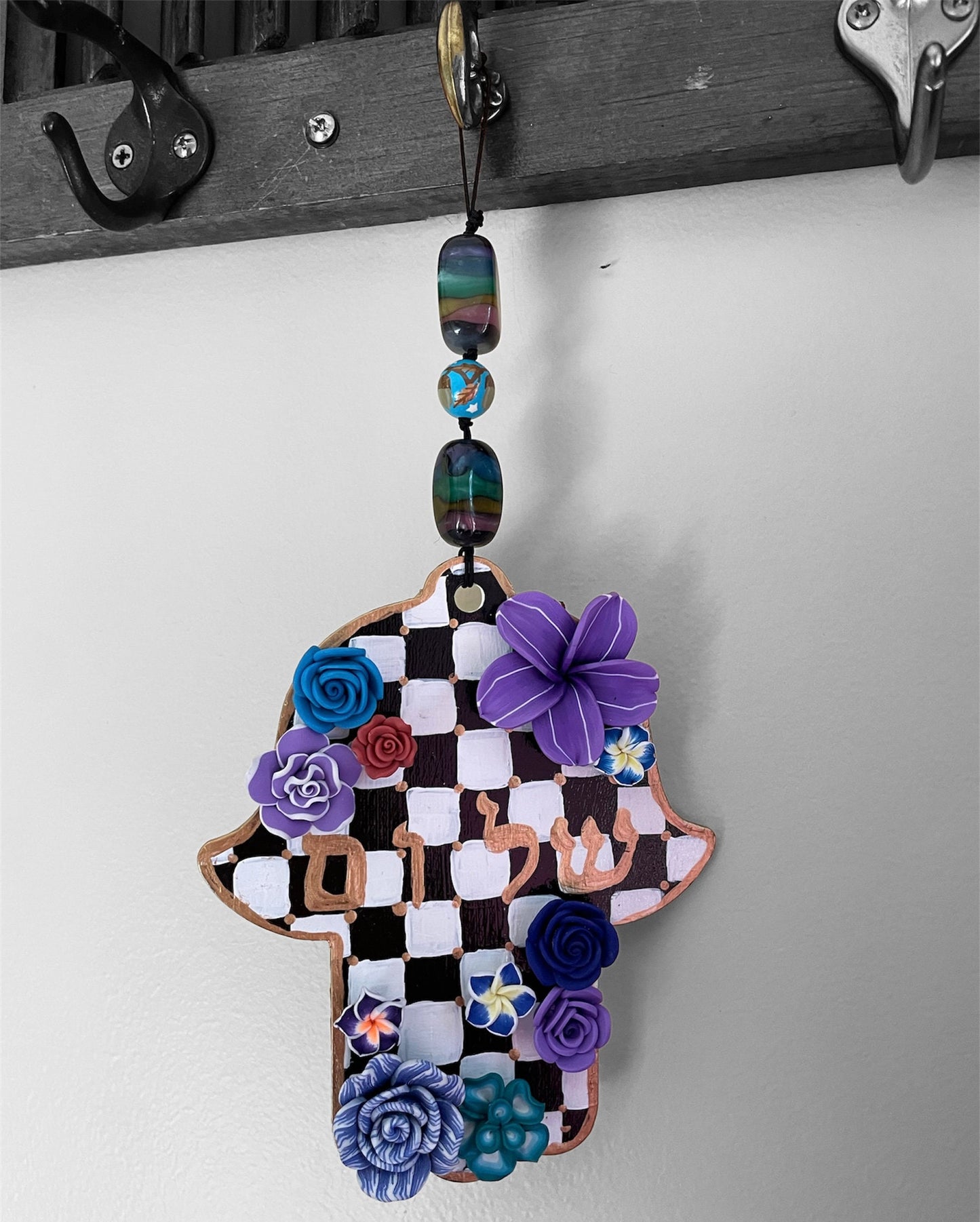 Checkered Shalom Purple and Blue Hamsa