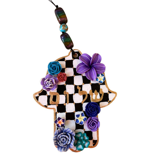 Checkered Shalom Purple and Blue Hamsa