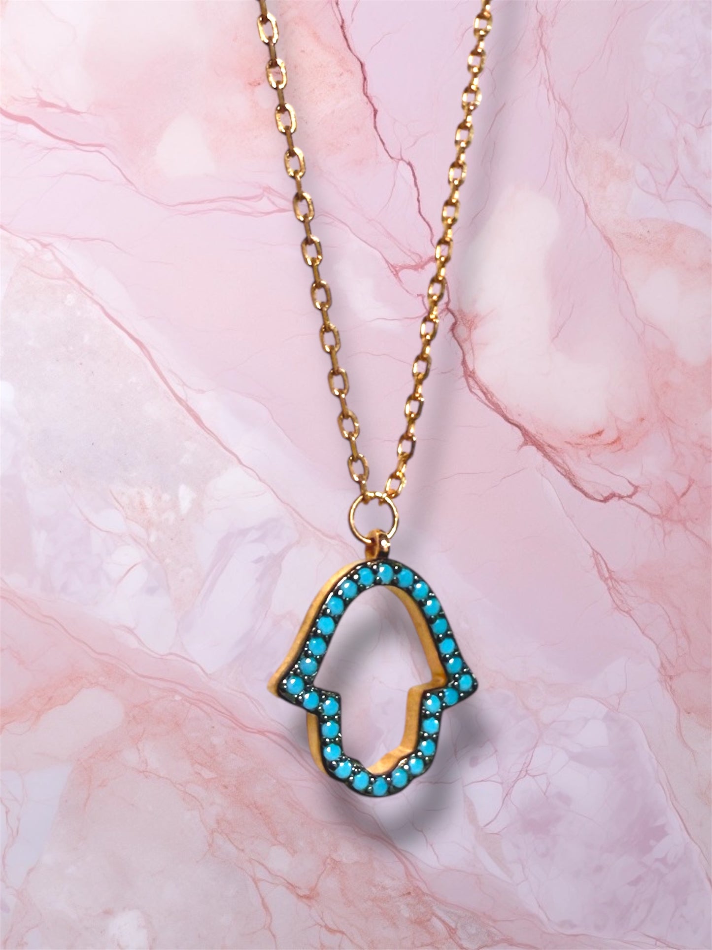 Rose Gold Open Blue Gemstone Hamsa necklace