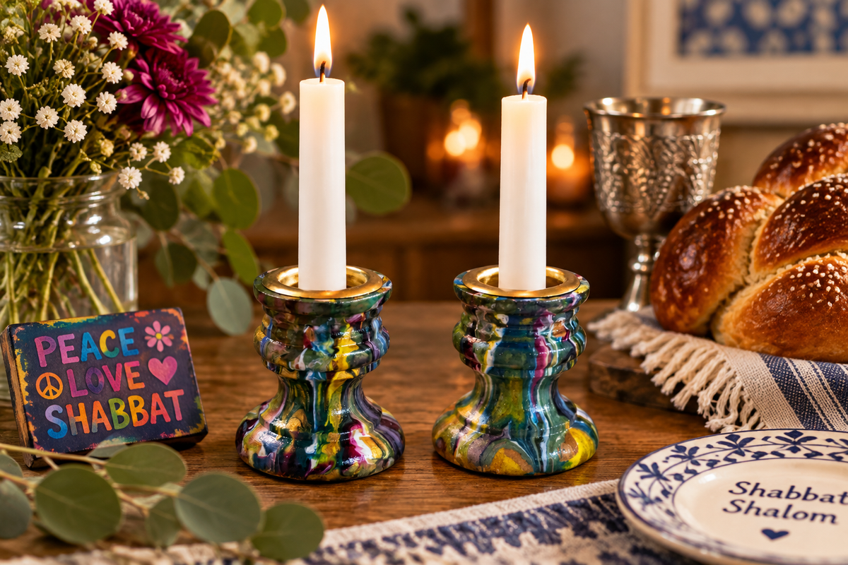 Janis – Hand-Painted Psychedelic Shabbat Candlesticks