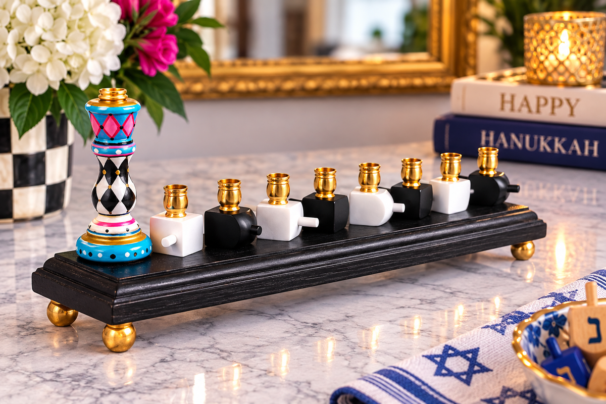 Basha — Hand-Painted Dreidel Menorah | One-of-a-Kind Wooden Hanukkiah