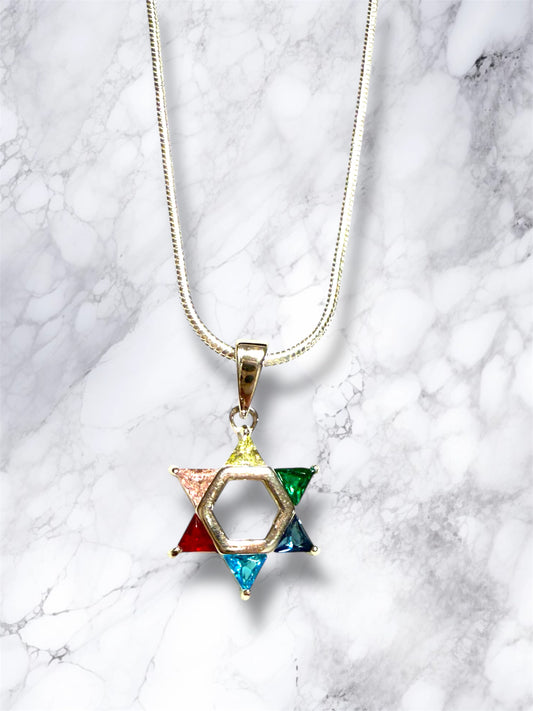 Sterling Silver Multicolor gemstones Star of David Judaica necklace