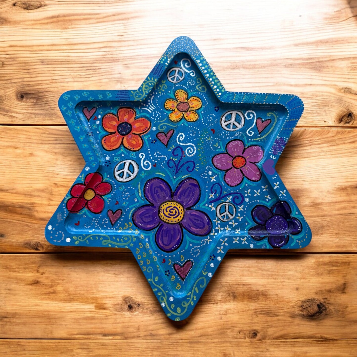 Peace Love & Flowers Handpainted Wooden Star of David Tray