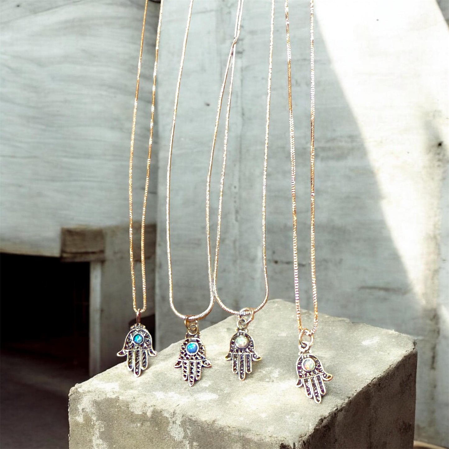 Sterling Silver filagree Hamsa with Opal Pendant Necklace