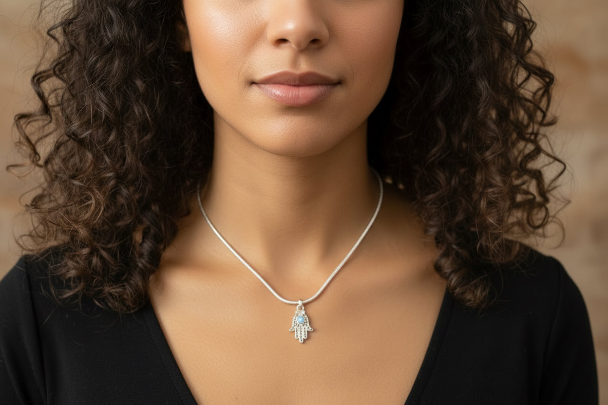 Sterling Silver filagree Hamsa with Opal Amethyst Garnet Pendant Necklace