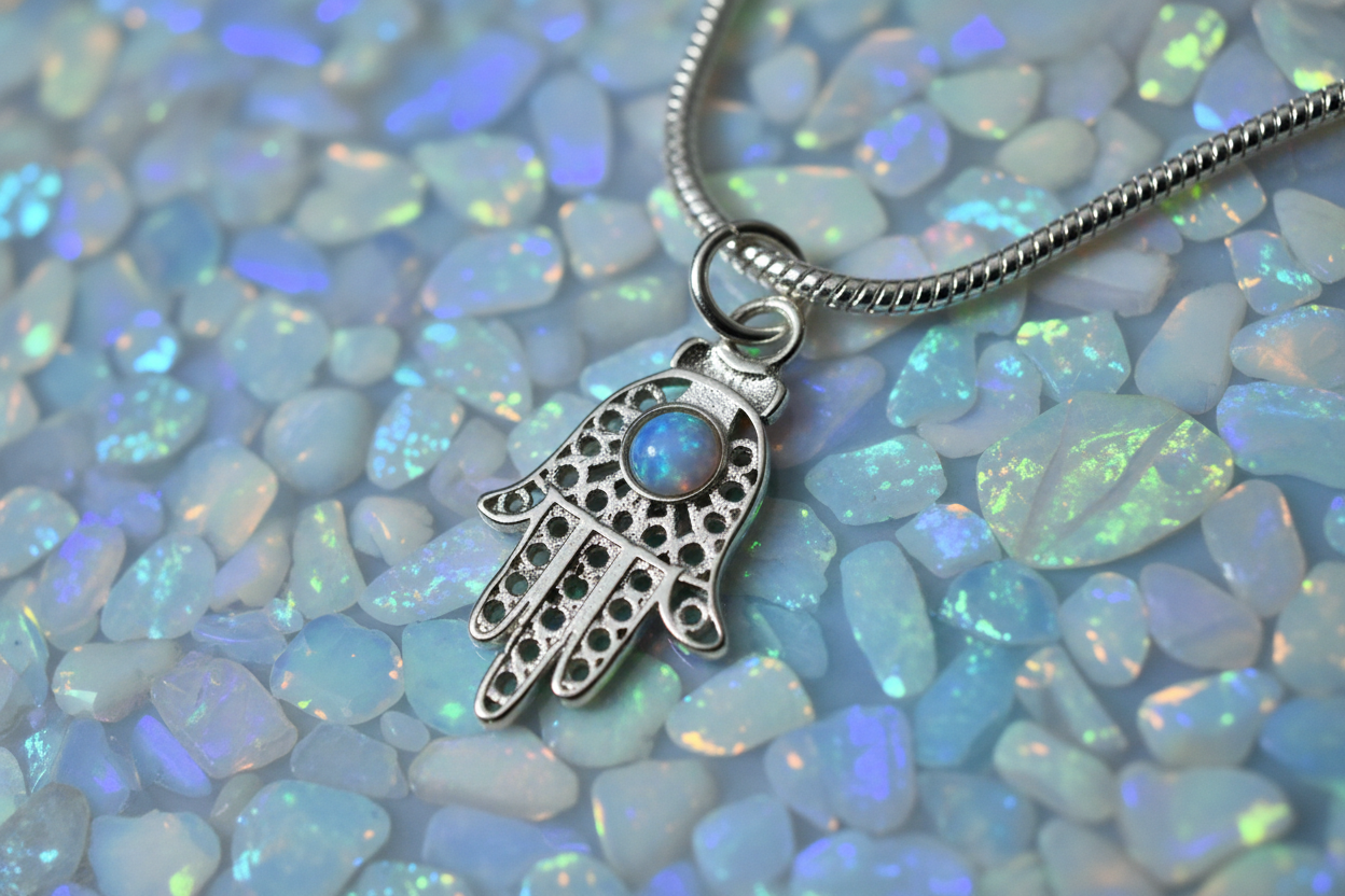 Sterling Silver filagree Hamsa with Opal Amethyst Garnet Pendant Necklace