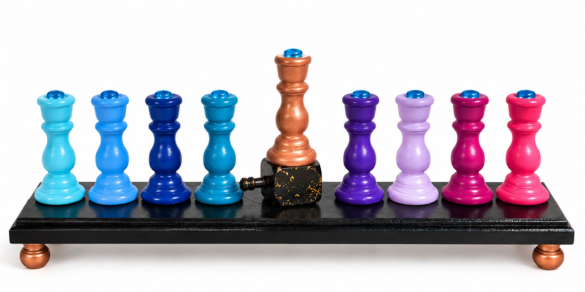 The Zaphira Menorah

Hand-Painted Jewel Tone & Rose Gold Wood Menorah