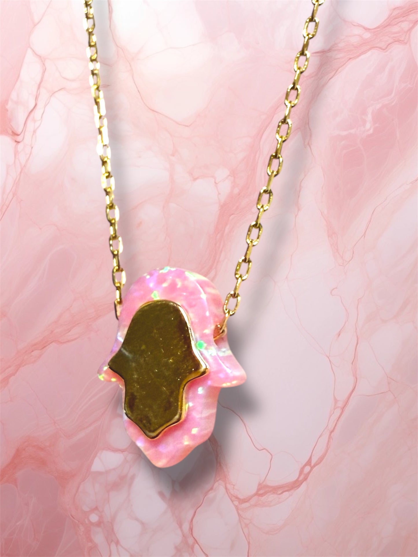 Gold and Pink Opal Hamsa necklace