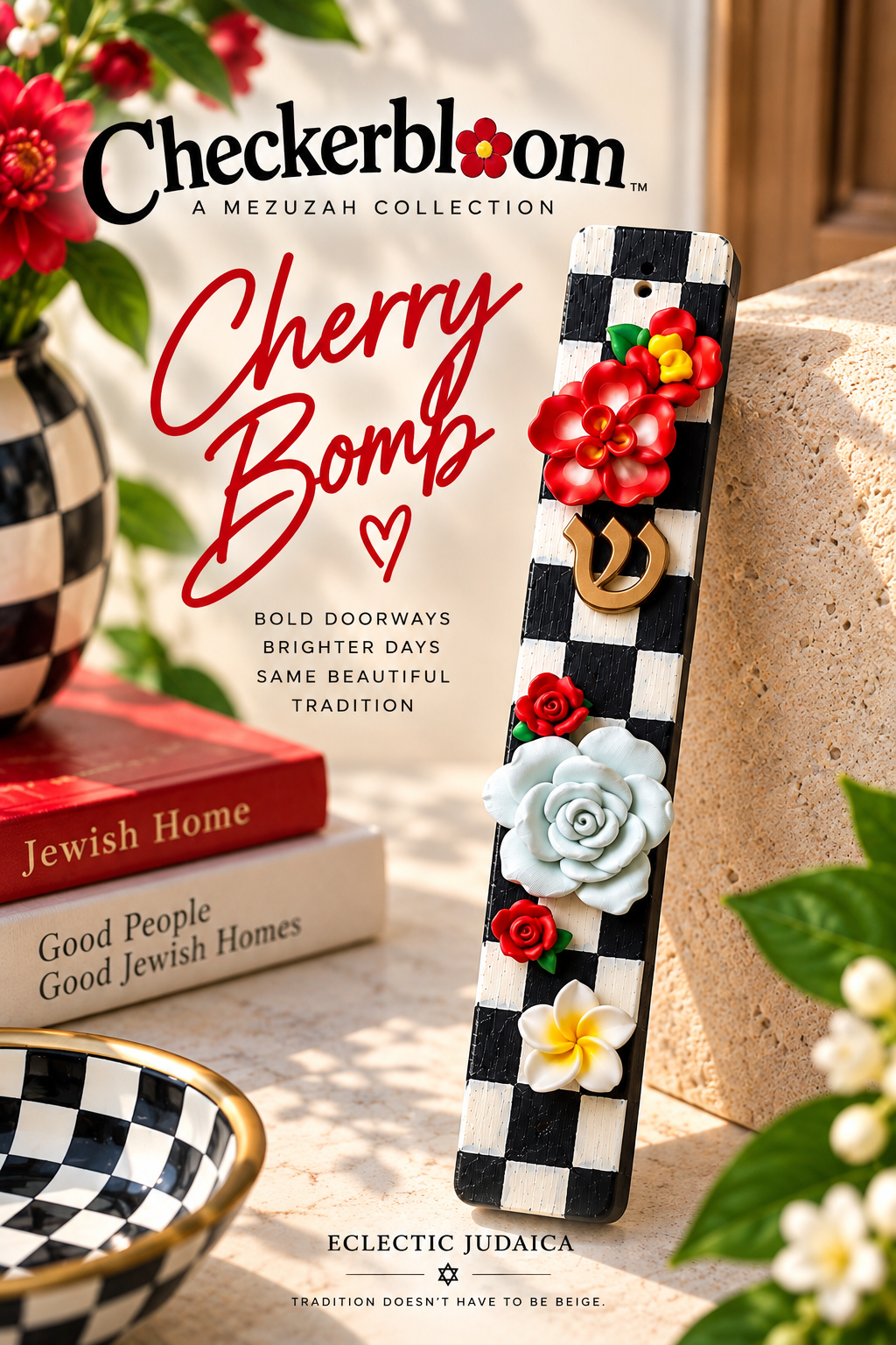 The Checkerbloom Mezuzah — Hand-Painted Floral Mezuzah