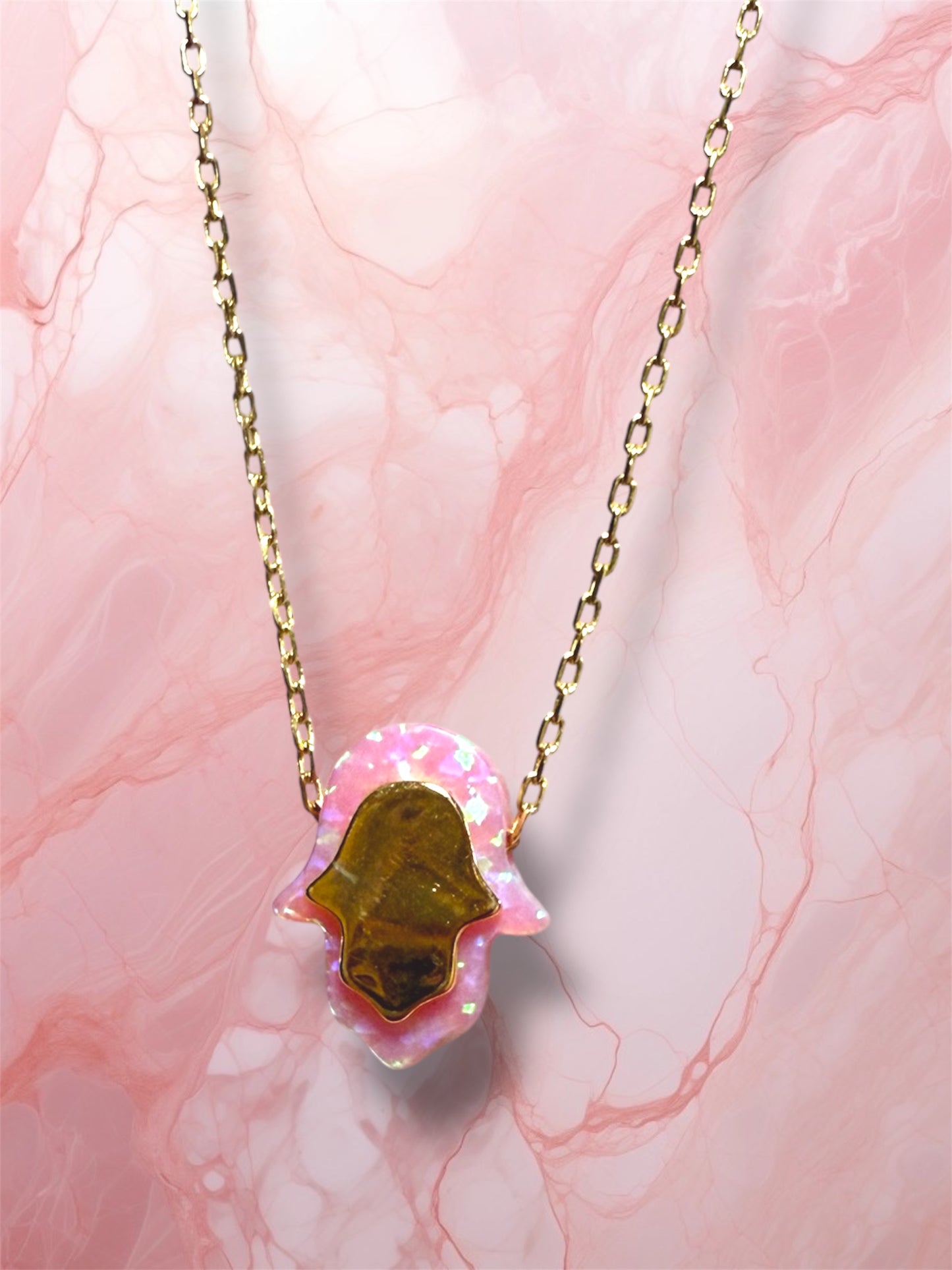 Gold and Pink Opal Hamsa necklace