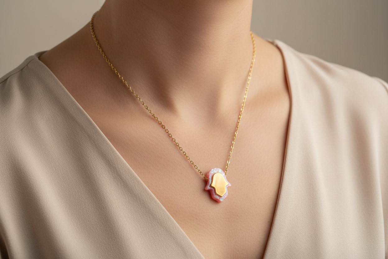 Gold and Pink Opal Hamsa necklace