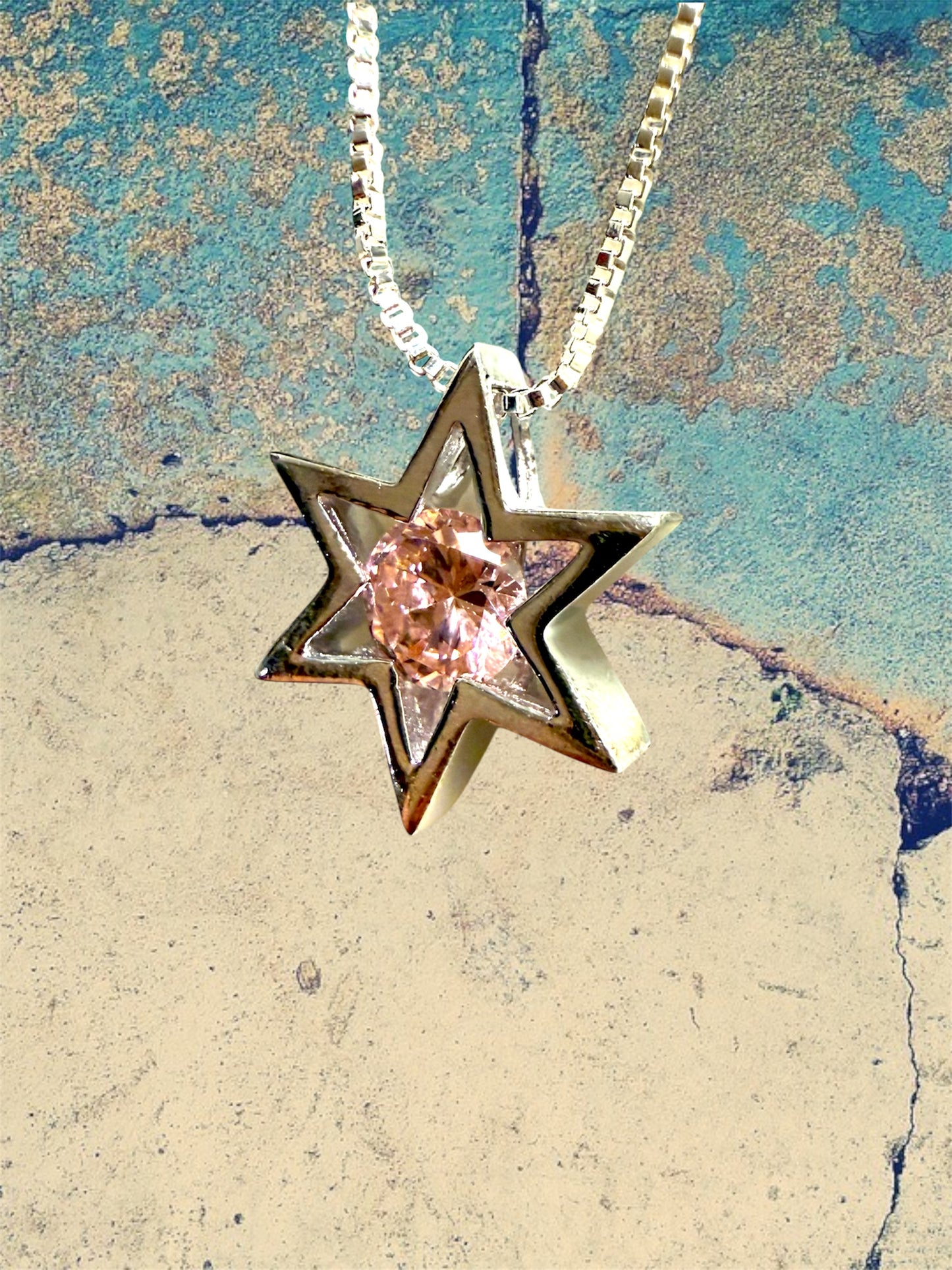 Sterling Silver Modern Star of David pendant with pink gemstone necklace