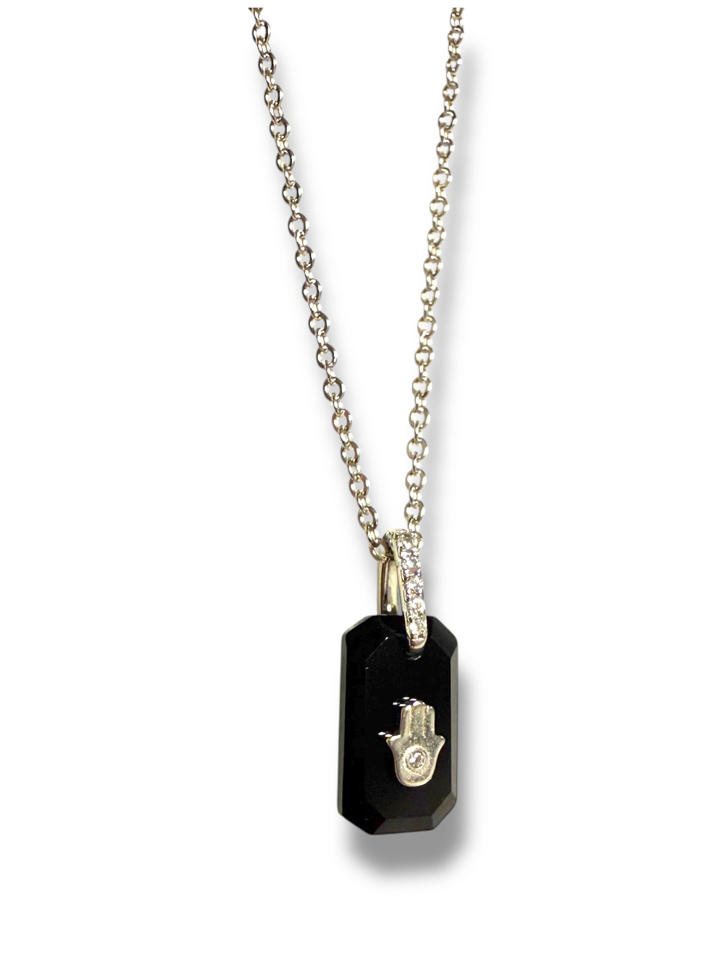 Black Onyx and CZ hamsa pendant sterling silver necklace