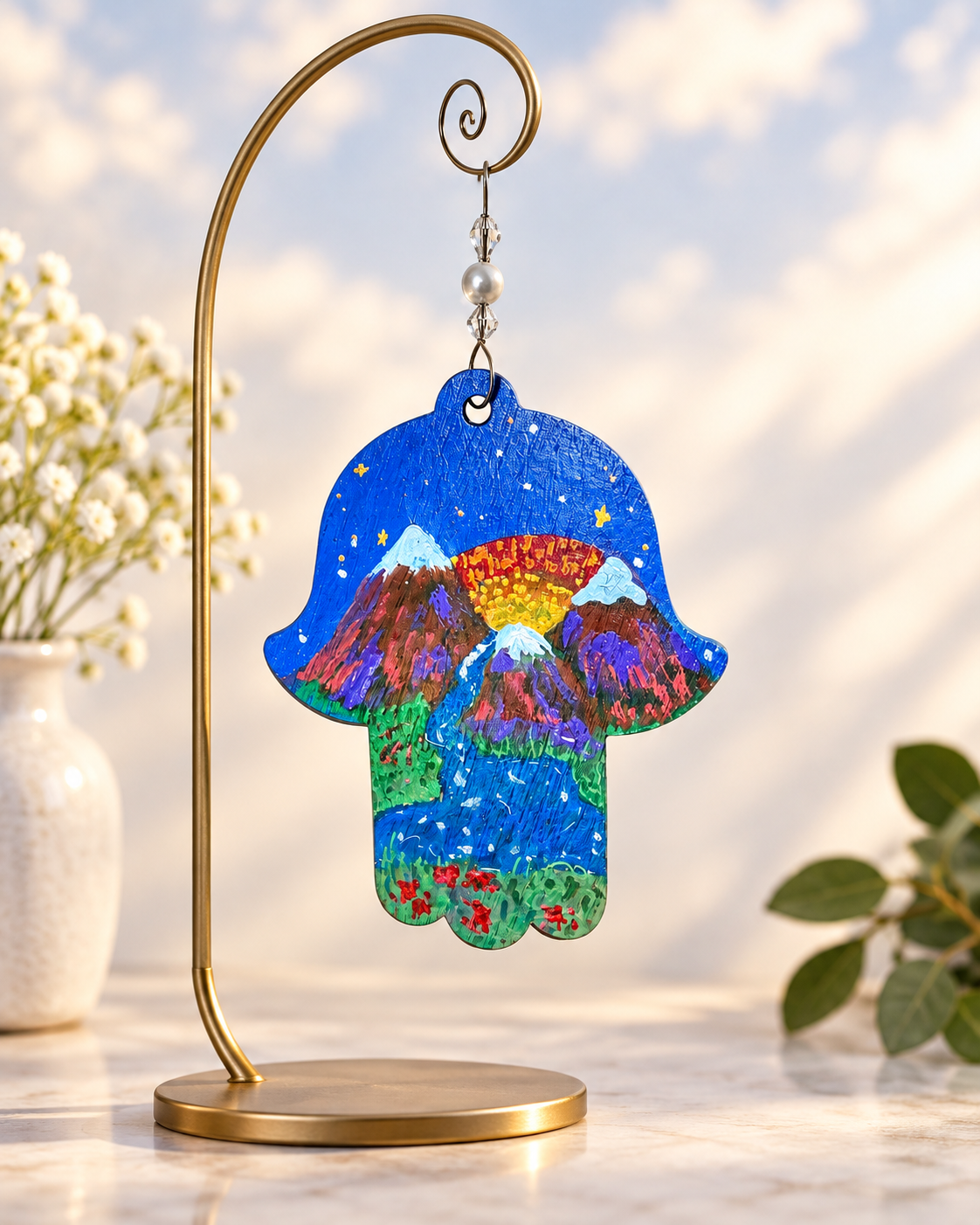 Shalom in the Mountains Hand-Painted Hamsa