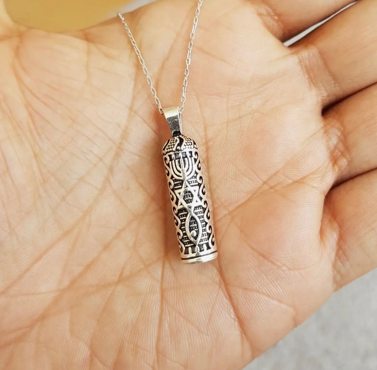 Sterling Silver Star of David Mezuzah Case pendant necklace