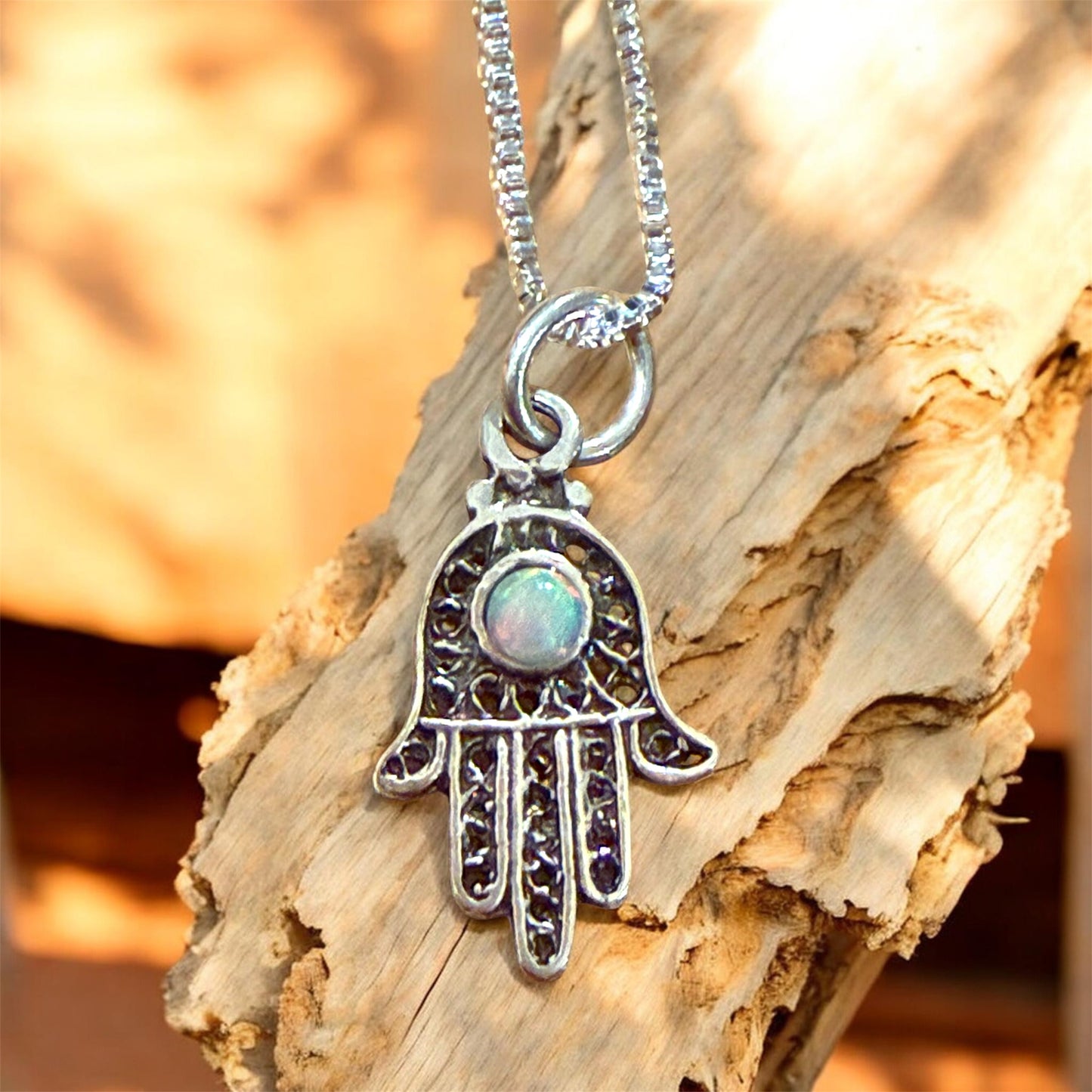 Sterling Silver filagree Hamsa with Opal Pendant Necklace