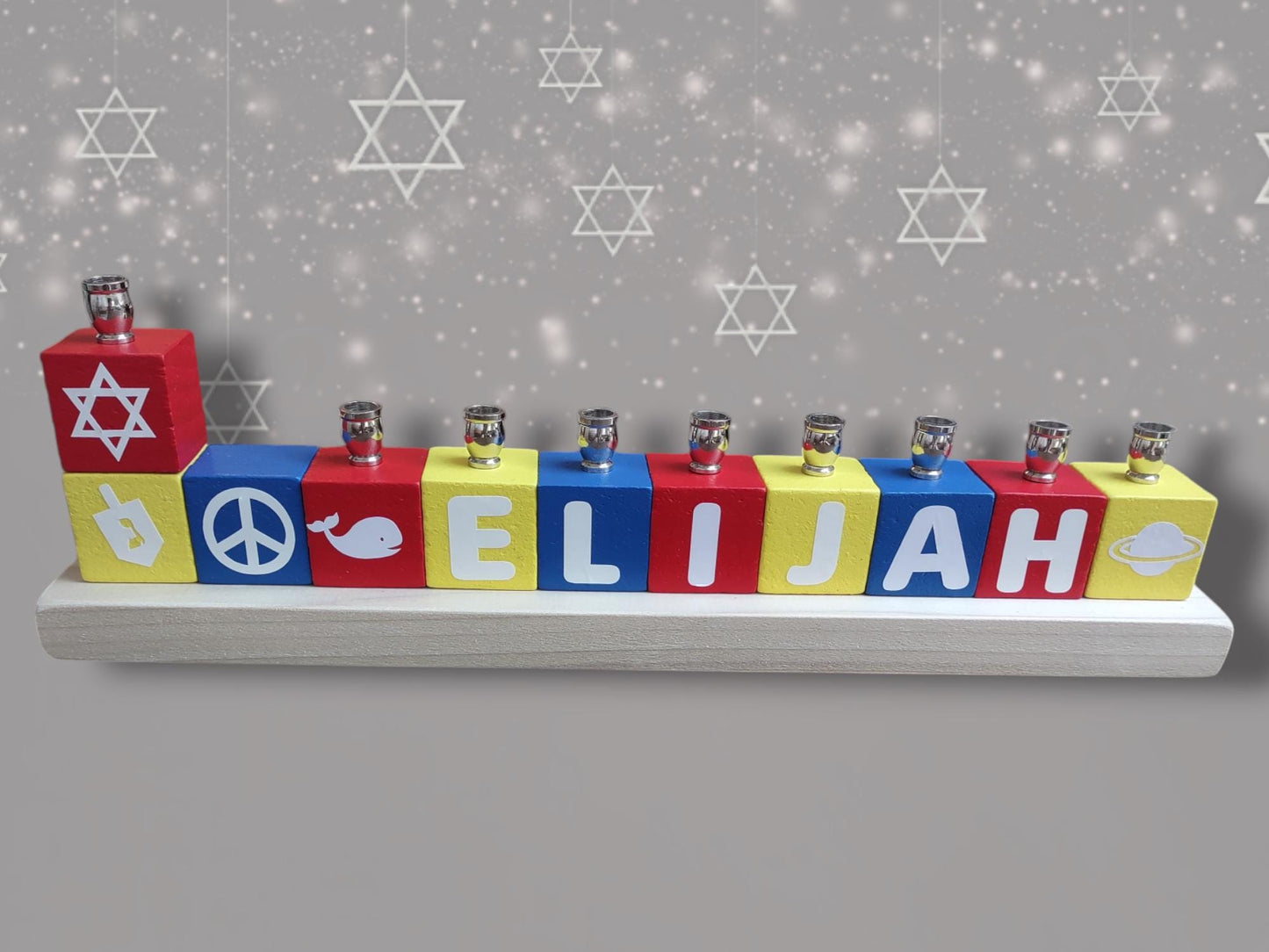 Personalized Name Blocks Menorah Kids Child Baby Judaica Jewish Hanukkah Custom Order Hebrew English