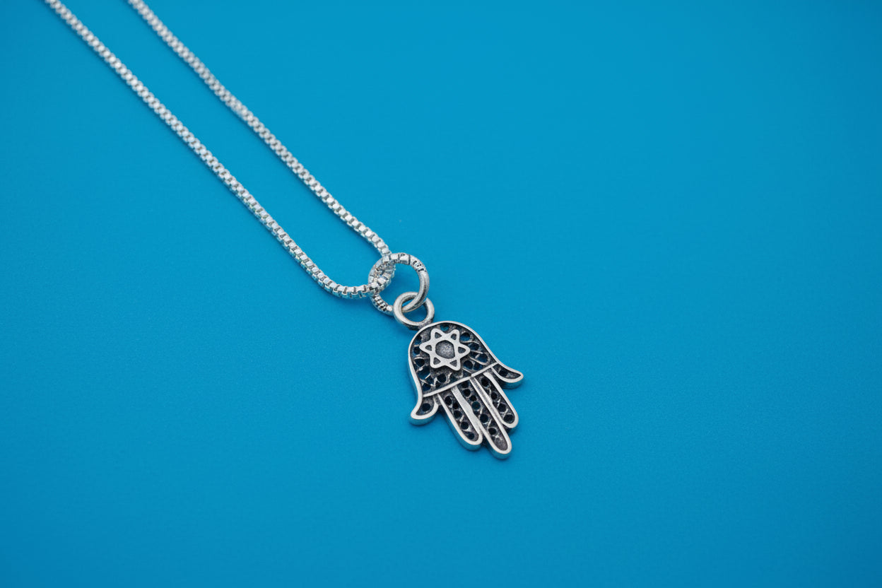Sterling Silver filagree Hamsa Star of David or Chai Pendant Necklace