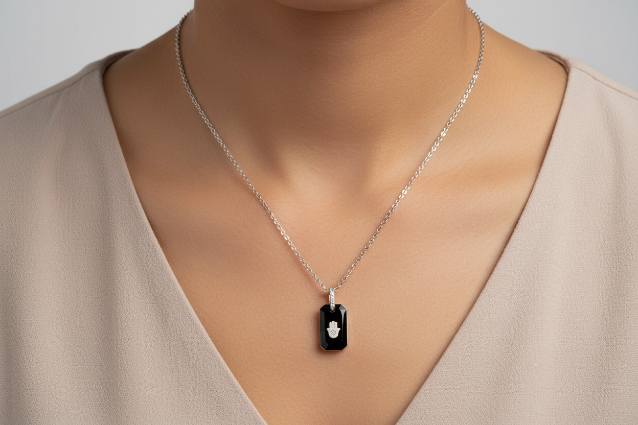 Black Onyx and CZ hamsa pendant sterling silver necklace