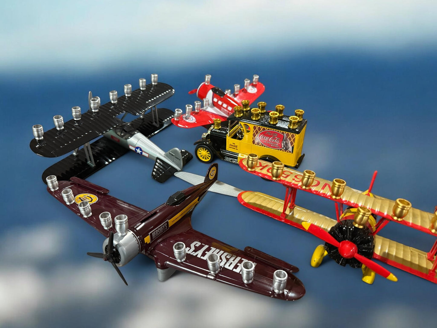 Vintage Airplane Menorah, Repurposed Metal Bank, Hanukkah Gift