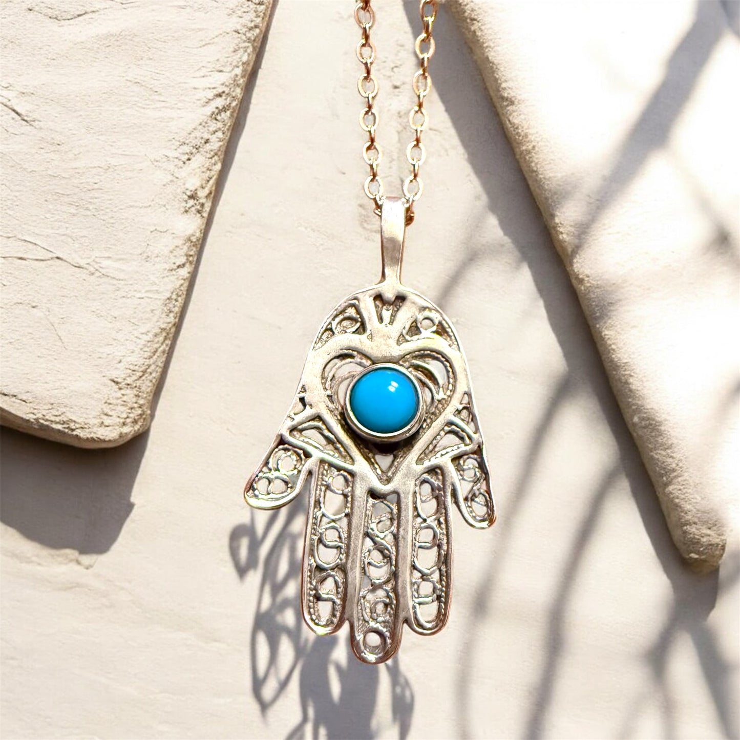 Sterling Silver Filagree Turquoise Hamsa Hand Necklace