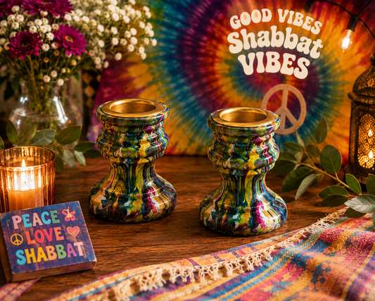 Colorful Shabbat Candlesticks | Paint Poured Jewish Candle Holders | Hippie Judaica | Boho Jewish Wedding Gift | Set of 2