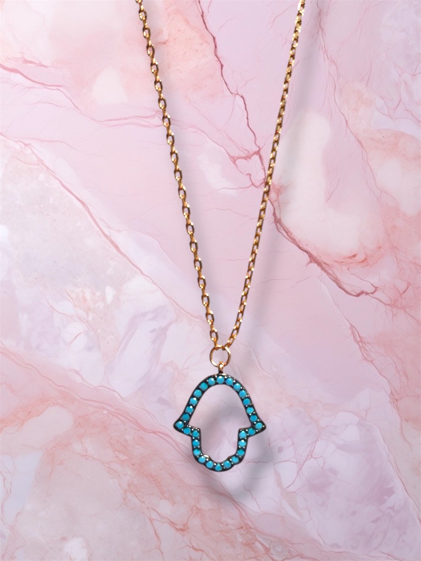 Rose Gold Open Blue Gemstone Hamsa necklace