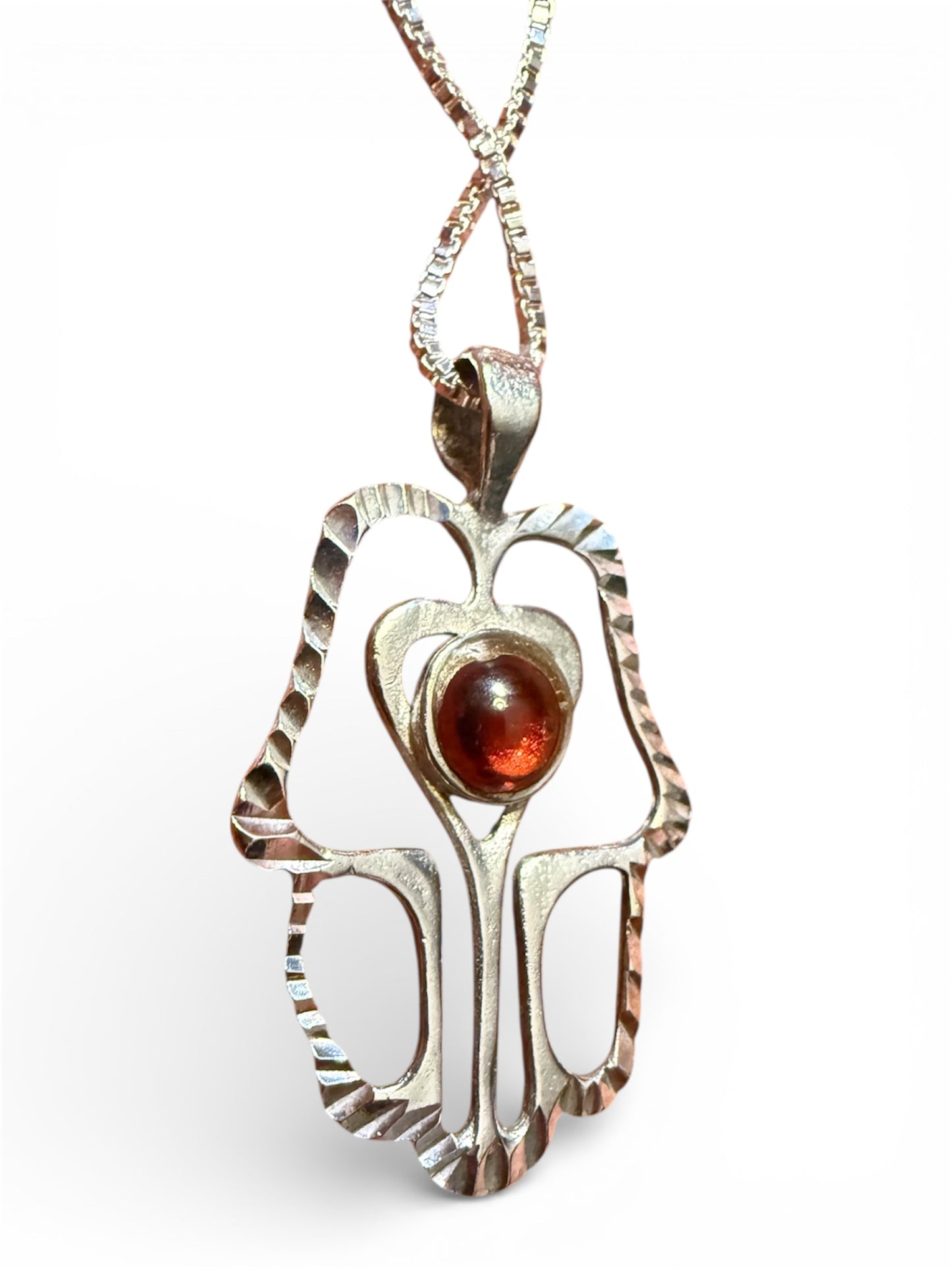 Sterling Silver Modernist Red Garnet Hamsa Hand of Miriam Necklace