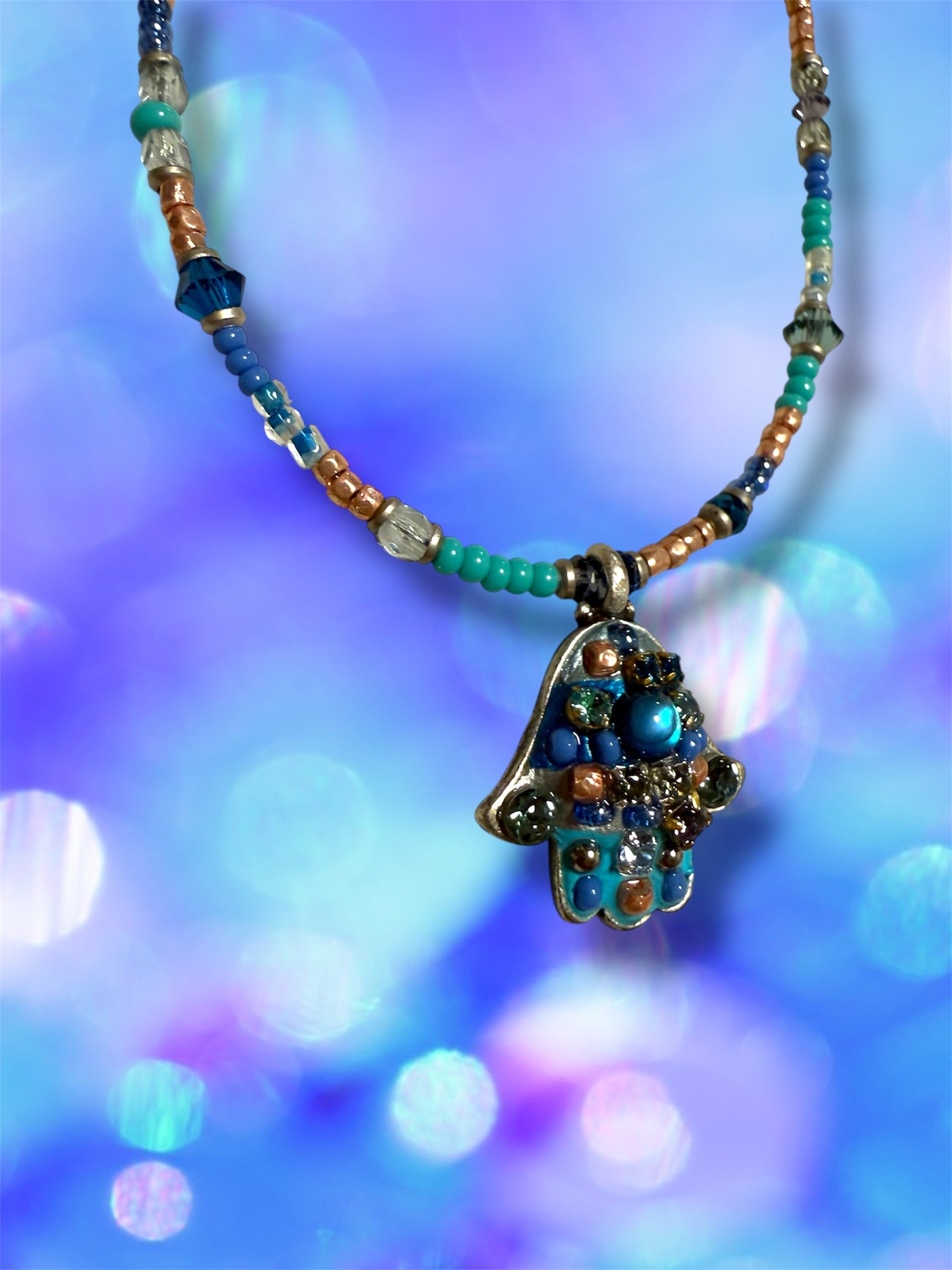 Small Blue Mosaic Hamsa Necklace