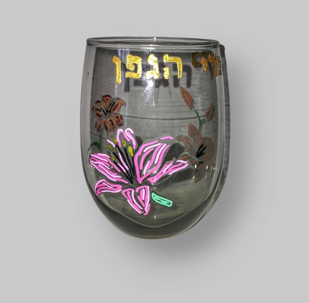 Blessing Over Wine Kiddish Cup Lilies Etched Glass Hand Painted Passover Tableware