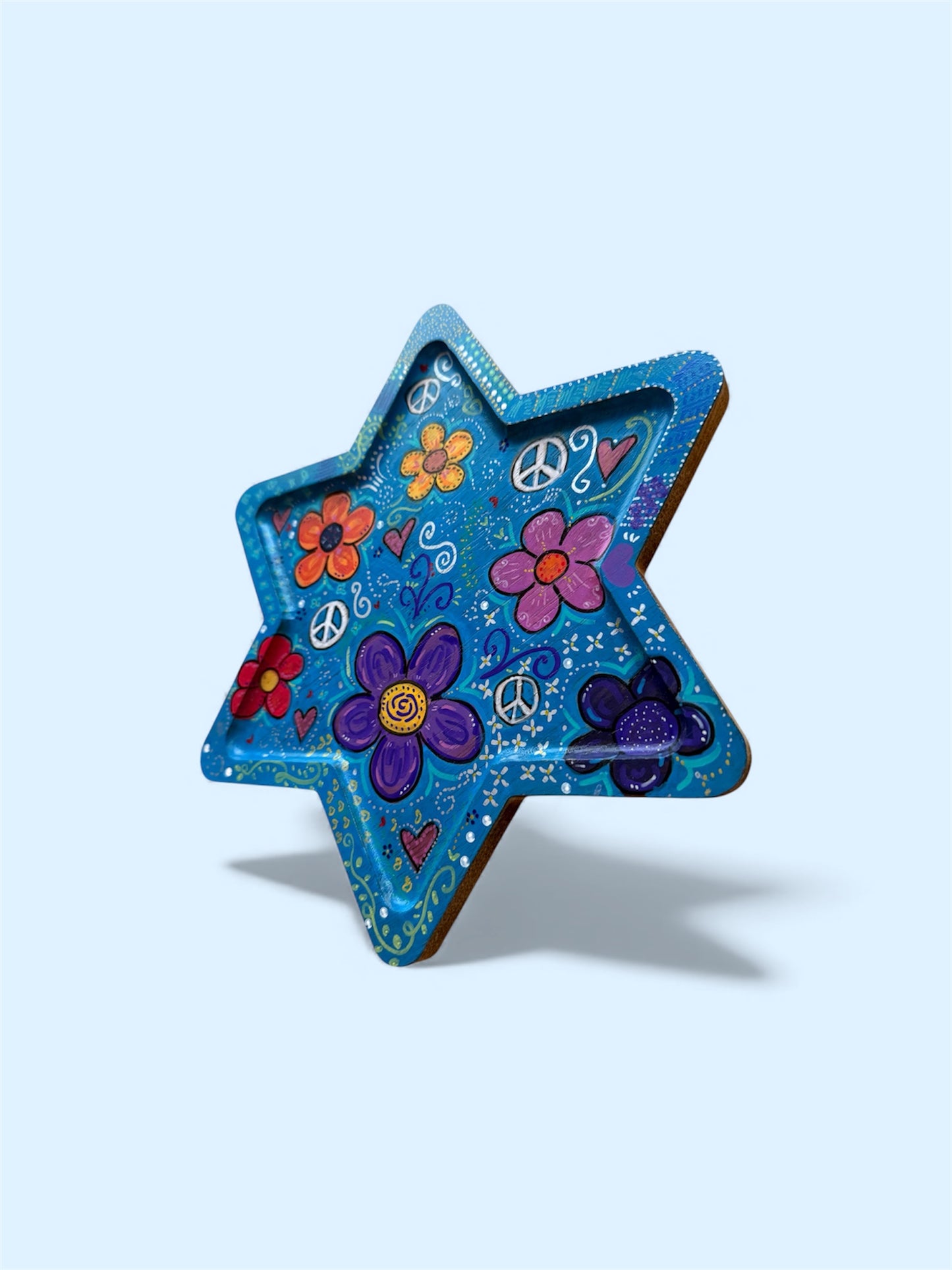 Peace Love & Flowers Handpainted Wooden Star of David Tray