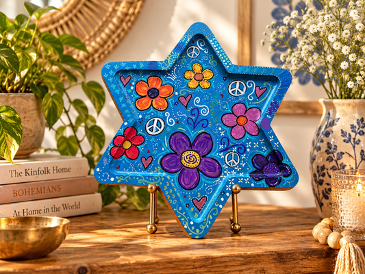 Shalomstock: Peace, Love & Petals Star Serving Tray – Hand-Painted Wooden Judaica