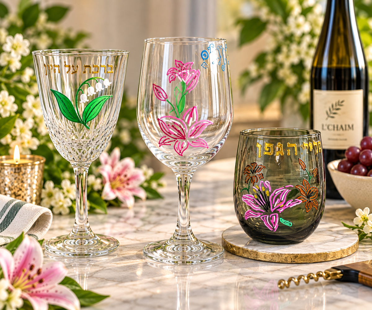 Hand-Painted Lily Kiddush & Wine Glasses