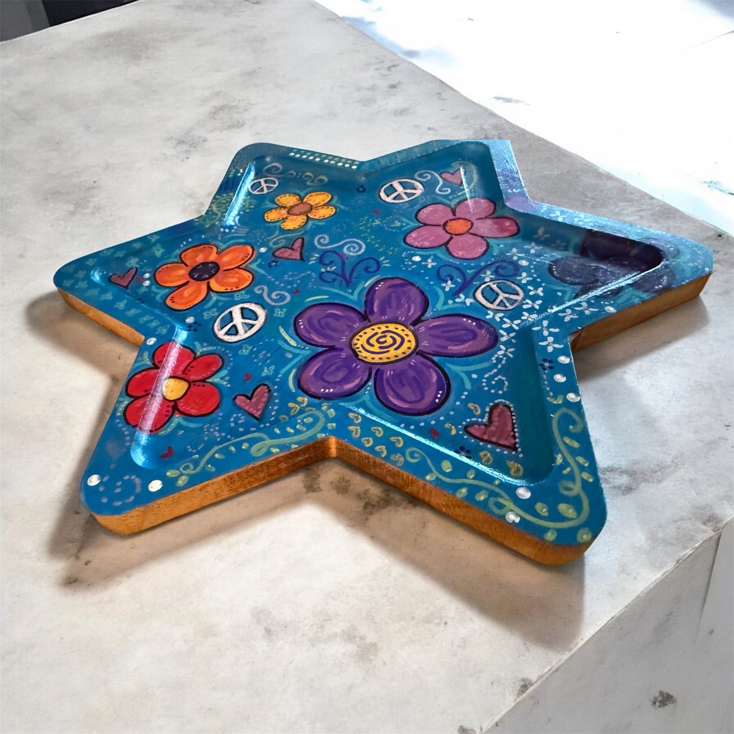Peace Love & Flowers Handpainted Wooden Star of David Tray