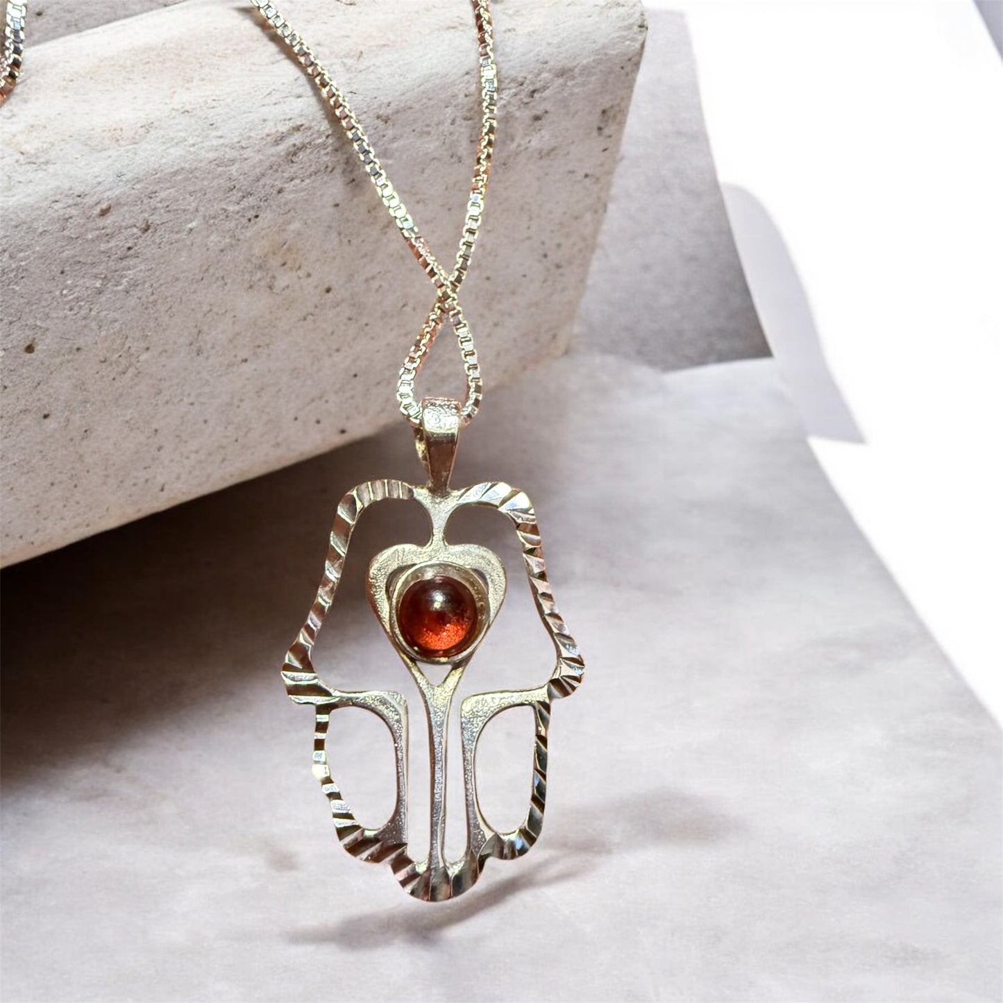 Sterling Silver Modernist Red Garnet Hamsa Hand of Miriam Necklace