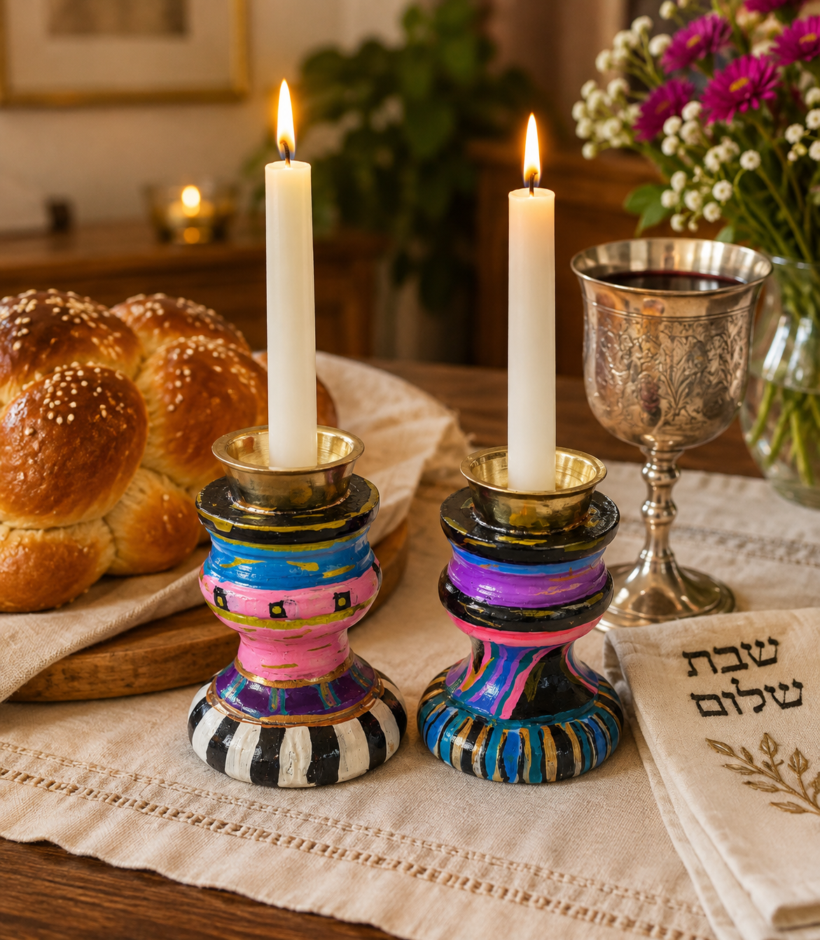 Hand-Painted Shabbat Candle Holders | Colorful Artisan Judaica Candlesticks | Set of 2