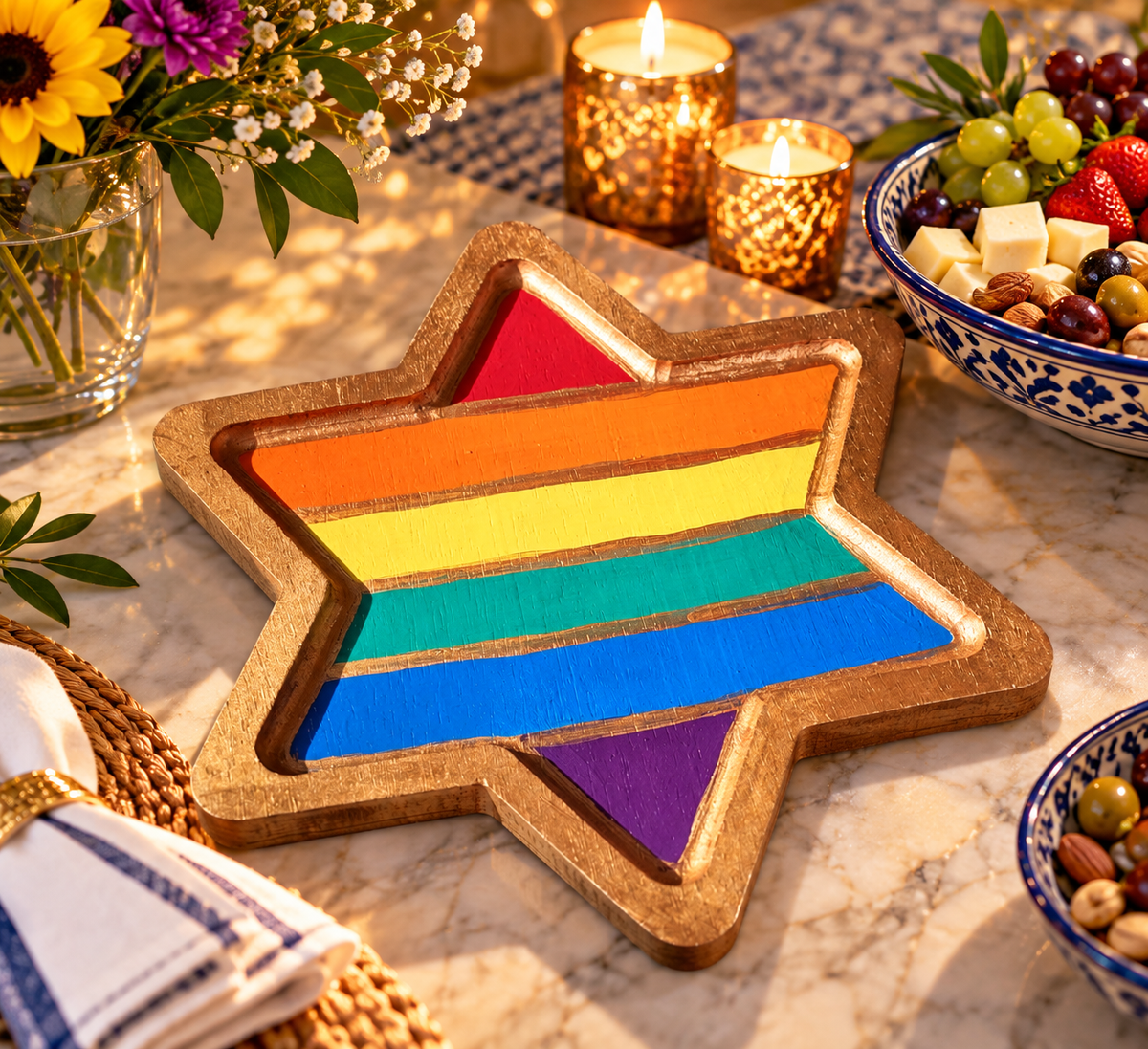 Chasing Rainbows Star Serving Tray – Hand-Painted Rainbow Star of David Tray