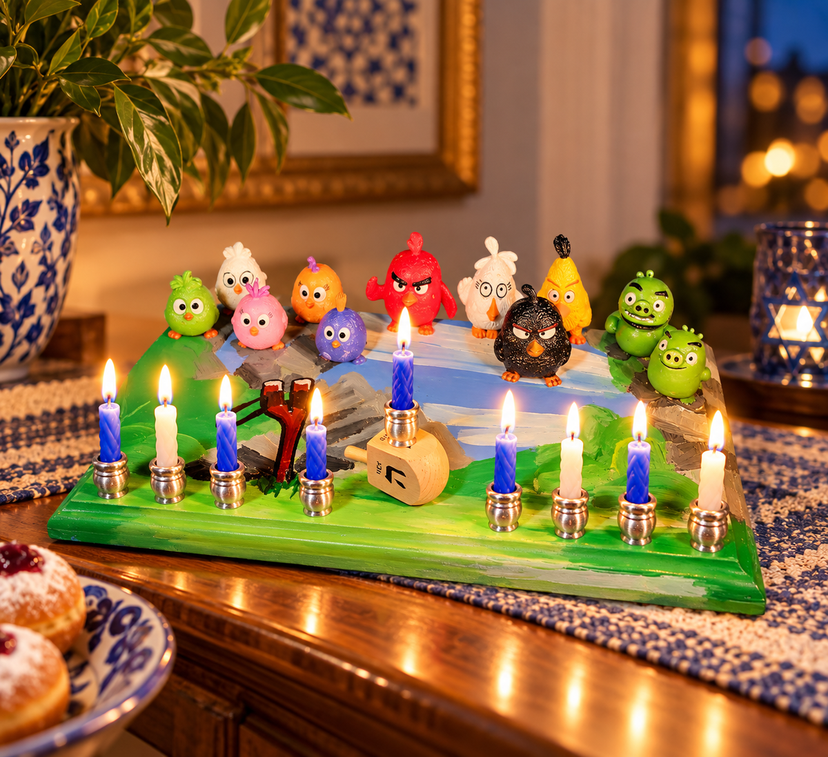 Angry Birds Menorah – One-of-a-Kind Hand-Painted Hanukkah Menorah