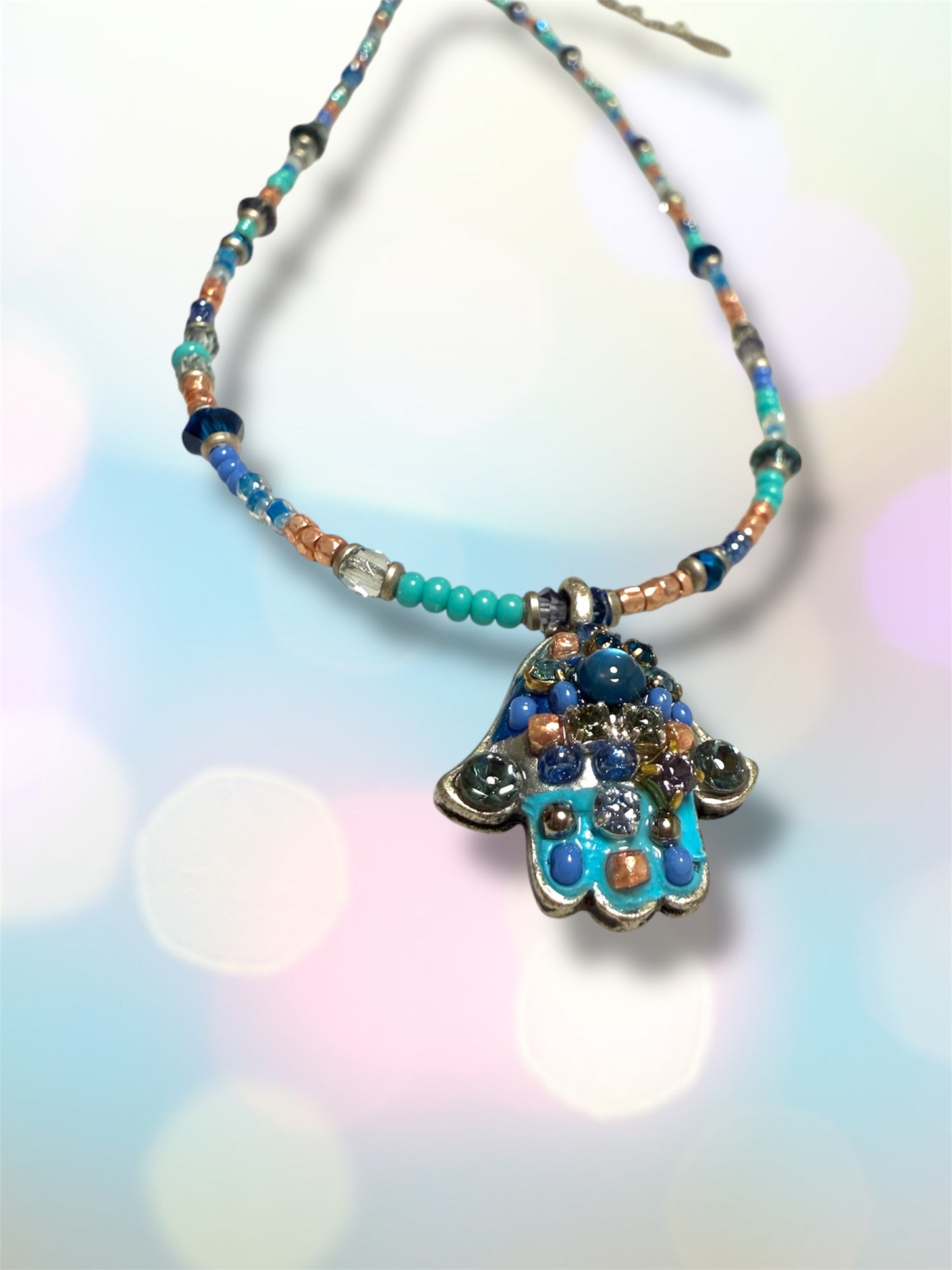 Small Blue Mosaic Hamsa Necklace