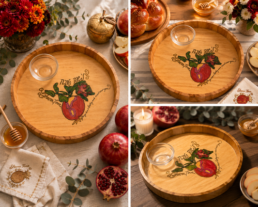 Hand-Painted Rosh Hashanah Challah & Apple Tray with Honey Dish | L’Shana Tova Wood Serving Board