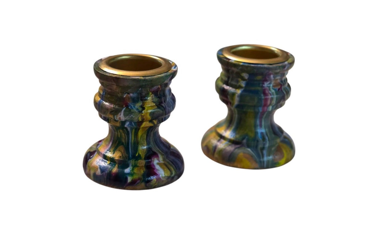 Colorful Shabbat Candlesticks | Paint Poured Jewish Candle Holders | Hippie Judaica | Boho Jewish Wedding Gift | Set of 2
