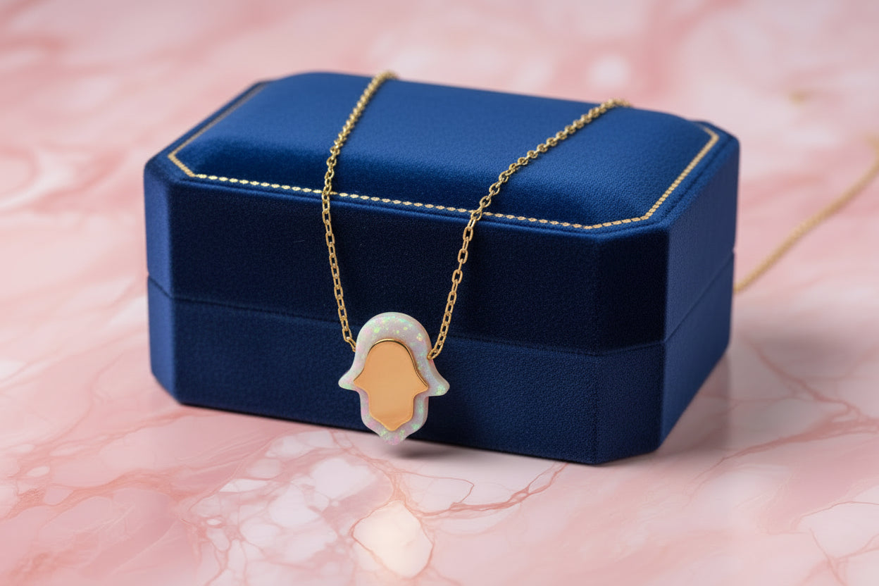 Gold and Pink Opal Hamsa necklace