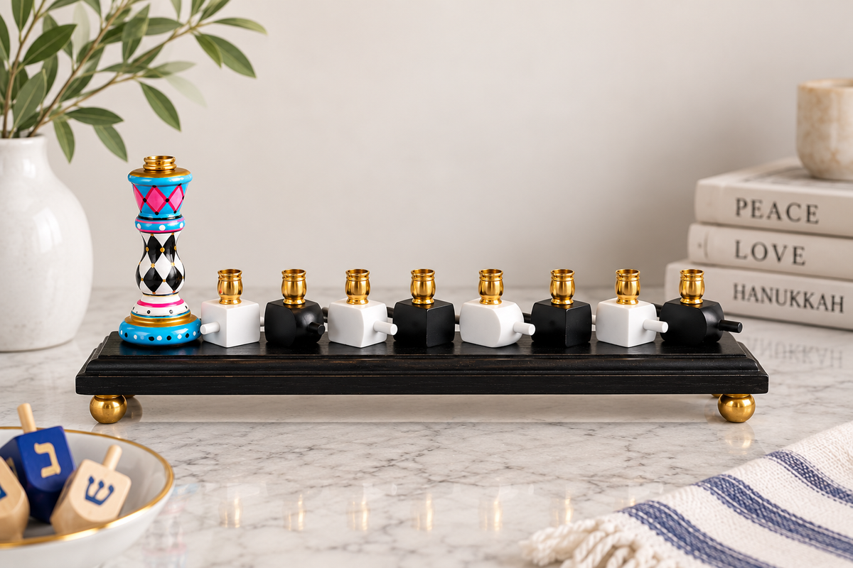 Basha — Hand-Painted Dreidel Menorah | One-of-a-Kind Wooden Hanukkiah