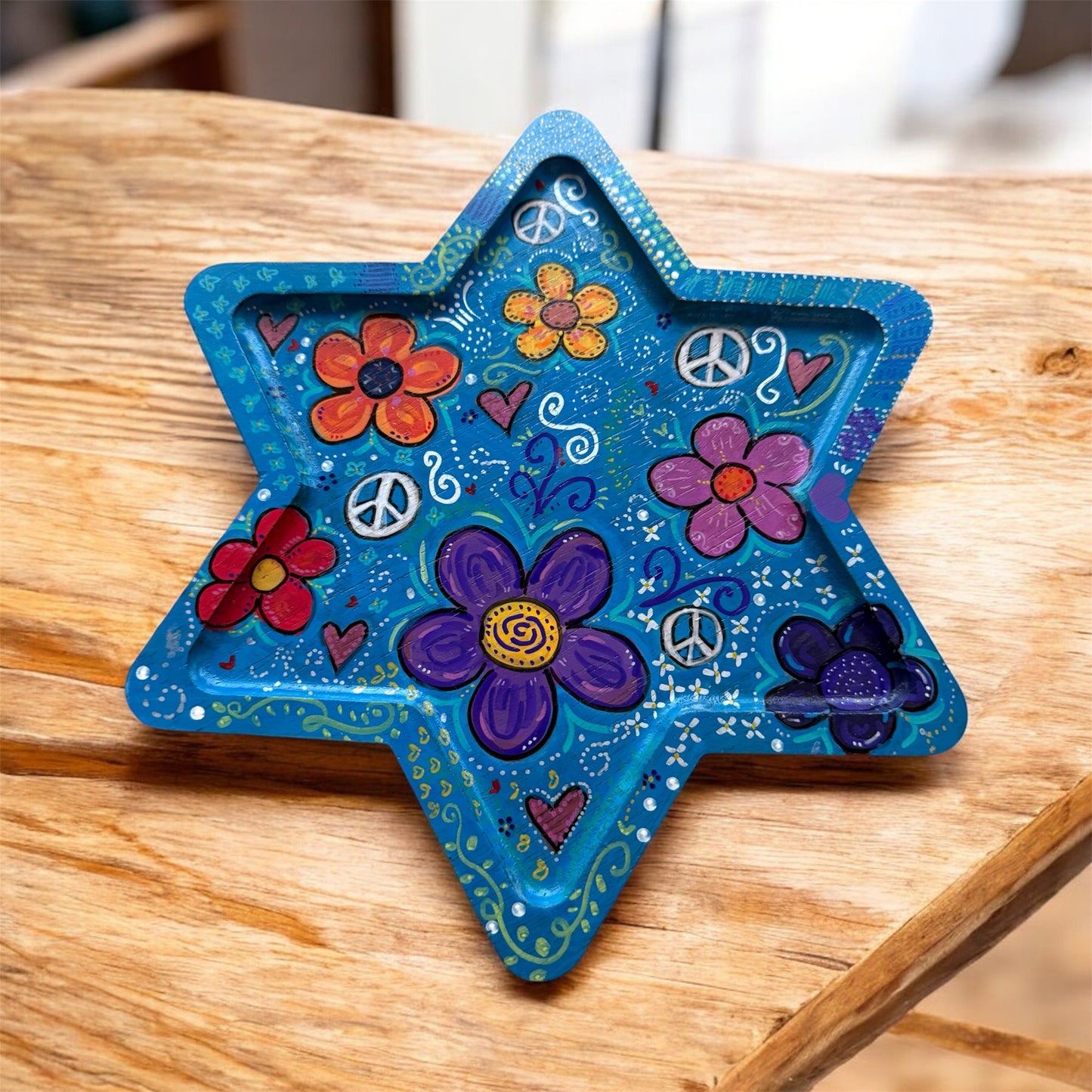 Peace Love & Flowers Handpainted Wooden Star of David Tray