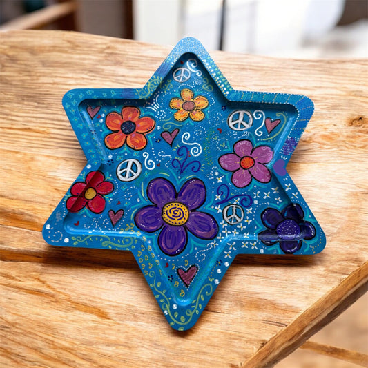 Peace Love & Flowers Handpainted Wooden Star of David Tray