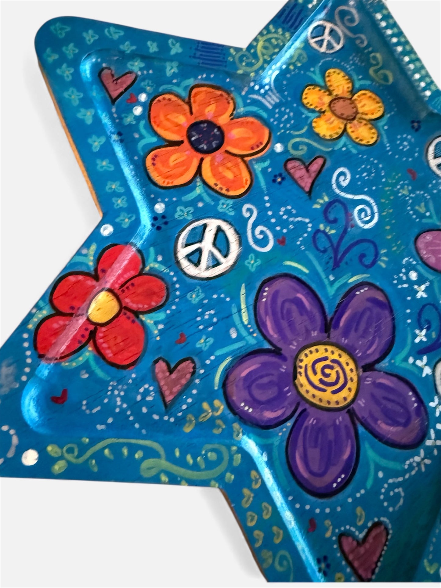 Peace Love & Flowers Handpainted Wooden Star of David Tray