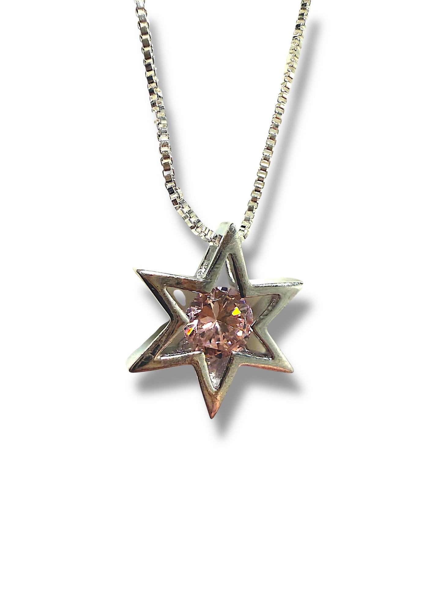 Sterling Silver Modern Star of David pendant with pink gemstone necklace