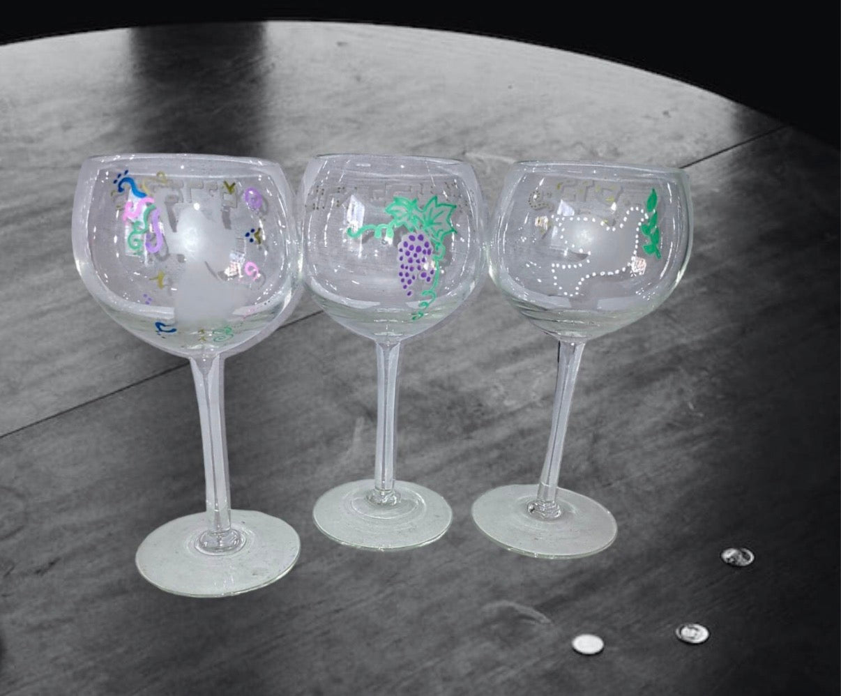 Handpainted Set of Miriam, Elijah & Kiddush Cups Passover Seder Glassware